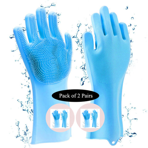 2 Pairs Kitchen Magic Silicone Dishwashing Gloves with Cleaning Scrub Sponges Dual Set for Efficient Scrubbing