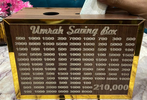 UmrahGoal – Premium Wooden Umrah Saving Box (210,000 Target) (Beautiful Islamic Design – Random Pattern)