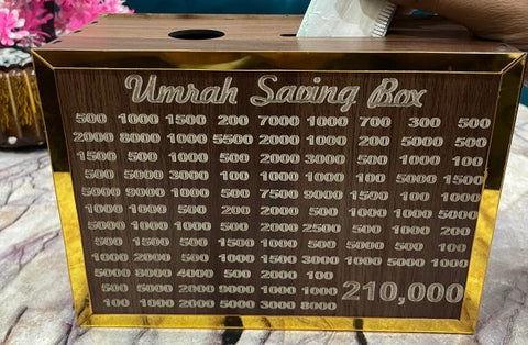 UmrahGoal – Premium Wooden Umrah Saving Box (210,000 Target) (Beautiful Islamic Design – Random Pattern)